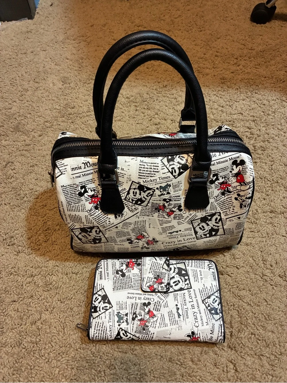 Disney’s Mickey and Minnie mouse newspaper bag with wallet.